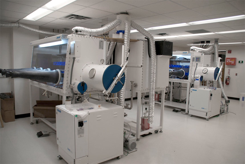 Three double station MBraun gloveboxes equipped with freezers, cold wells and vacuum capabilities, allowing for the routine synthesis and handling of air-sensitive materials.
